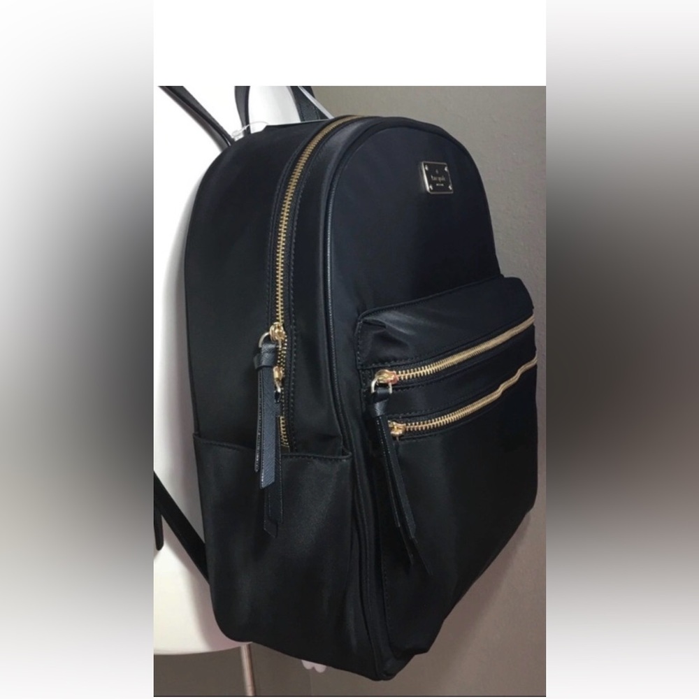 kate spade LARGE  Black NYLON BACKPACK with METAL DESIGNER TAG GOLD ZIPPERS EUC